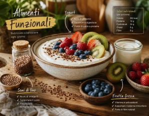 immagine di vari alimenti funzionali come yogurt, frutta, semi di lino
