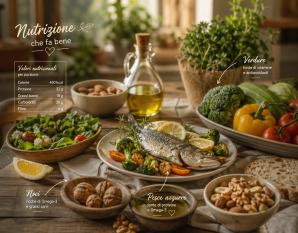 una tavola imbandita con alimenti come pesce, verdure, e noci