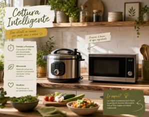 cucina moderna con pentola a pressione e forno a microonde