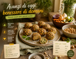 Avanzi di cucina trasformati in piccoli snack sani su un tavolo
