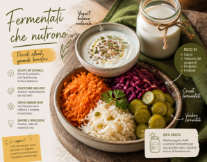Ciotola con yogurt, kefir e verdure fermentate disposte come snack salutari