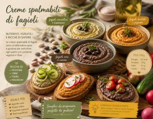 Creme spalmabili di fagioli in ciotole, servite su pane integrale e accompagnate da verdure colorate.