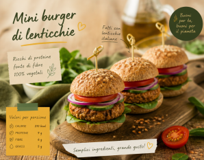 Mini burger di lenticchie serviti in piccoli panini integrali con verdure fresche.