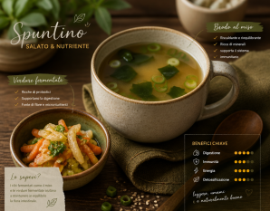 Tazza di brodo al miso e piccola ciotola di verdure fermentate come spuntino salato