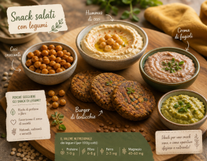 Varietà di snack salati con legumi disposti su un tagliere: hummus, ceci croccanti, burger di lenticchie, creme di fagioli.