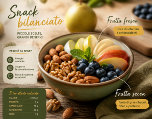 Ciotolina con frutta secca e frutta fresca abbinata per uno snack bilanciato.
