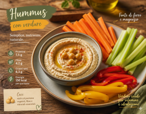 Piattino con hummus e bastoncini di carote, sedano e peperoni colorati.